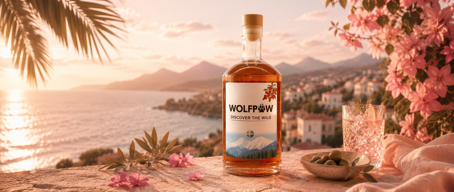 WolfPaw bottle on a sunlit terrace — one of our own brands
